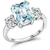 Gem Stone King 3.36 Cttw Sky Blue Simulated Aquamarine and Moissanite 3-Stone Ring For Women | 925 Silver | Cushion 10X8MM | Round 4.5MM | 3 Stone Wedding Engagement Anniversary Ring