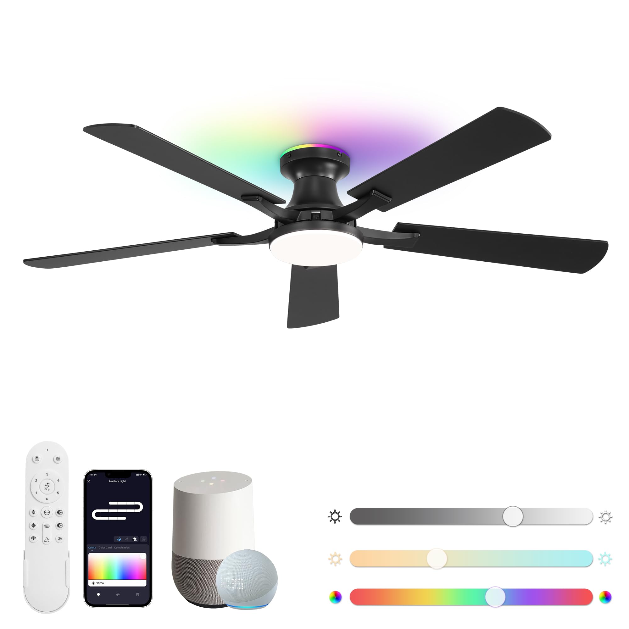 Photo 1 of ZMISHIBO 52 Inch Smart Ceiling Fans with RGB Lights, Low Profile Flush Mount Ceiling Fan with Alexa/App/Remote Control, Dimmable 20W LED Light, Black Modern Fan for Living Room, Bedroom, Game Room