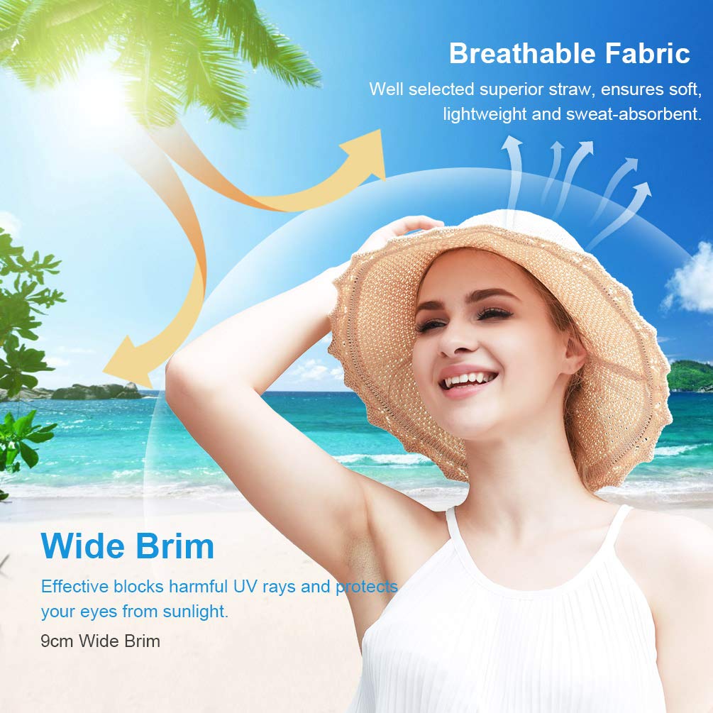 VBIGER Capeline de Paille Femme Chapeau de Soleil Pliable à Bord Large Fille Casquette Visière Anti-UV pour Plage Voyage Vacances