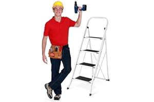 Delxo 4 Step Ladder Folding Step Stool, Heavy-Duty Sturdy Safety Tall Step Ladder Outdoor with Handrail Wide Pedal,White Lightweight Collapsible 4-Feet Step Stool Ladder for Adults Home Kitchen Indoor