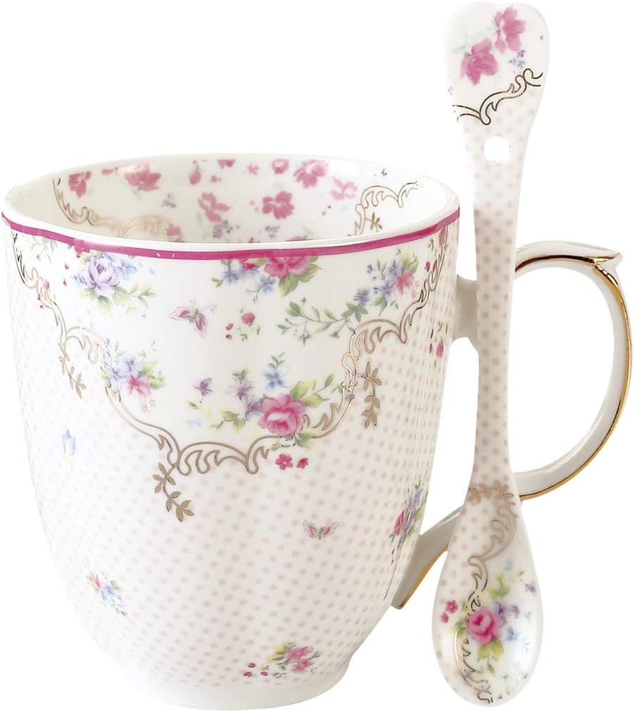 Coffee Mug with Spoon Set Bone China Vintage Rose Tea Cup 12 Oz for Specialty Coffee Drinks, Latte, Cafe Mocha and Tea, Unique Gift for Women, Girlfriends, Anniversary, Birthday and Holiday (Pink)