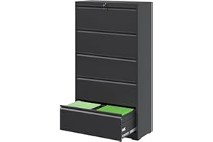 FLIXELIO File Cabinets 5 Drawer,Metal Office Storage Filing Cabinet with Lock,Black Lateral Filing Cabinet for Home Office,Horizontal Locking File Cabinet for Legal/Letter/A4,Assembly Require,Black