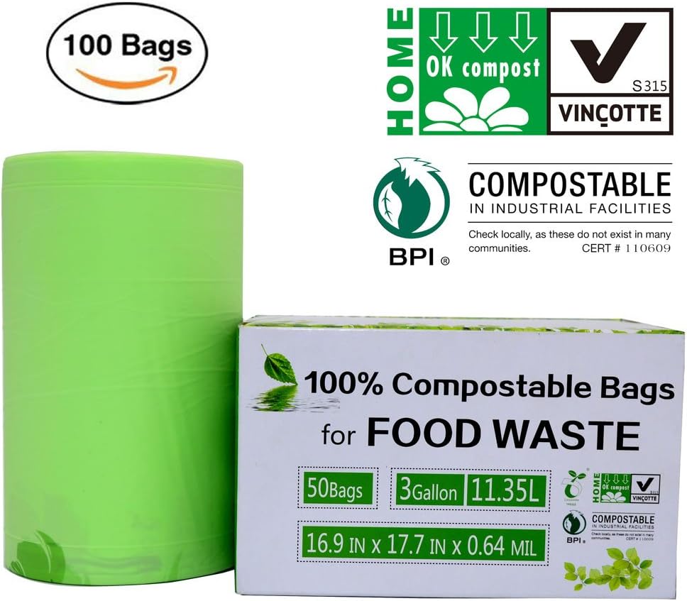 SunshineBio 100% Compostable Bags, 3 Gallon Extra Thick Biodegradable Compost Bags Kitchen Trash Bags, Food Scraps Yard Waste Bags, Certified by US BPI and Europ VINCETTE, (100)