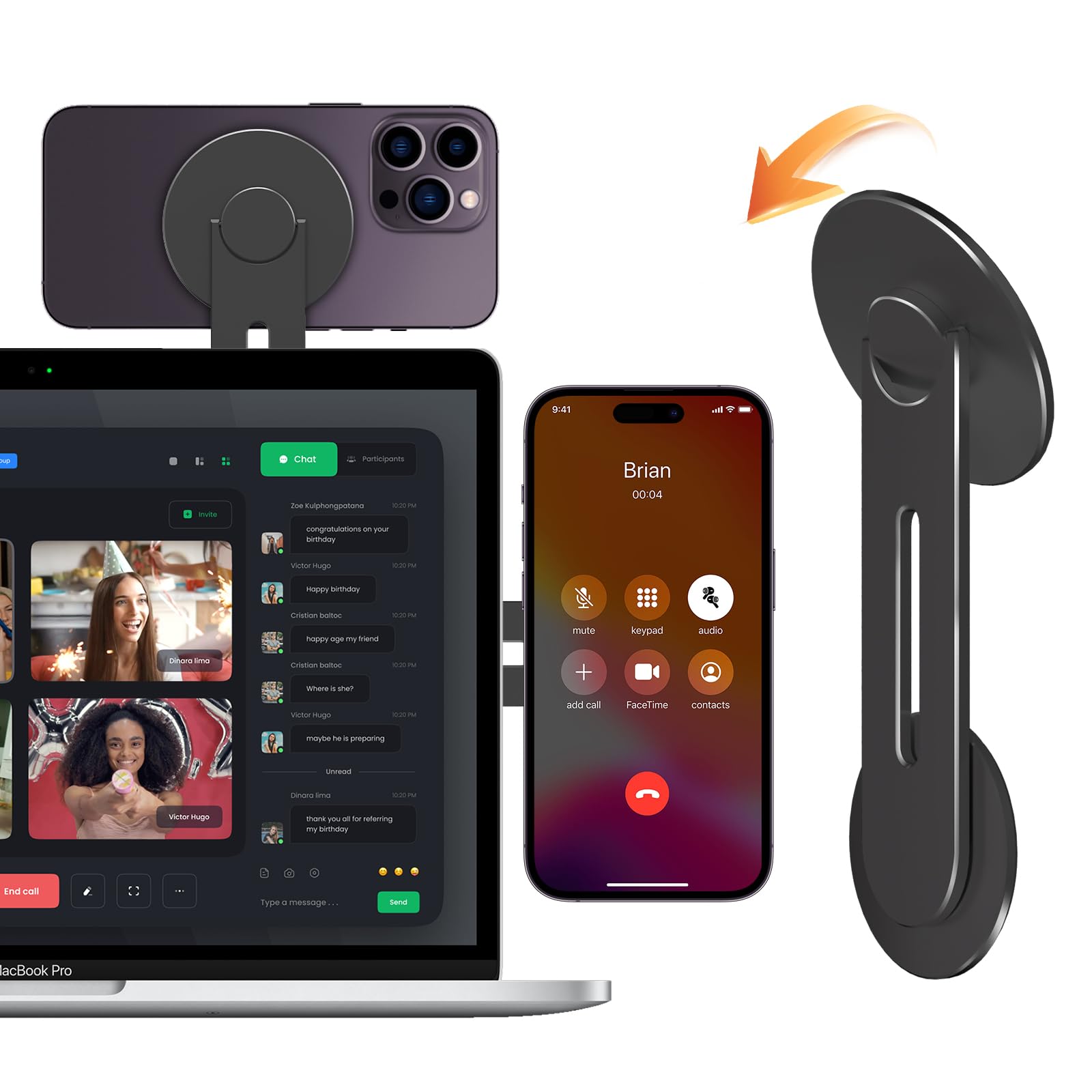 CloudValley Magnetic Laptop Phone Holder, Adjustable Continuity Camera Mount Compatible with MagSafe & for iOS 17 / macOS 13 Ventura, Slim Portable Computer Expansion Bracket for Smartphone, Black