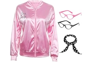 NielijuanST 50S Pink Satin Costume Jacket with Polka Dot Scarf Cat Eye Glasses Women Girls