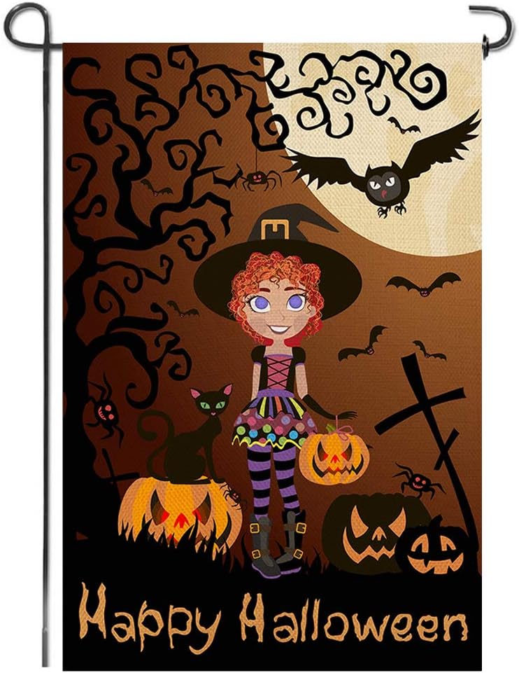 Shmbada Happy Halloween Burlap Garden Flag, Premium Fabric Double Sided, Welcome Seasonal Fall Witch Terror Cat Grimace Pumpkin Owl Outdoor Decorative Banner for Home Yard Porch, 12.5 x 18.5 Inch
