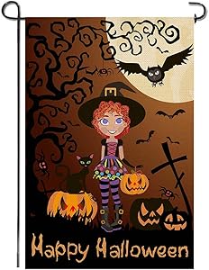 Shmbada Happy Halloween Burlap Garden Flag, Premium Fabric Double Sided, Welcome Seasonal Fall Witch Terror Cat Grimace Pumpkin Owl Outdoor Decorative Banner for Home Yard Porch, 12.5 x 18.5 Inch