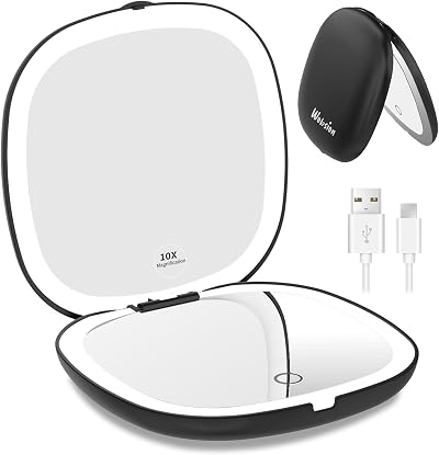 WOBSION Travel Mirror with Light 1X 10X Magnifying LED Compact 10cm Black