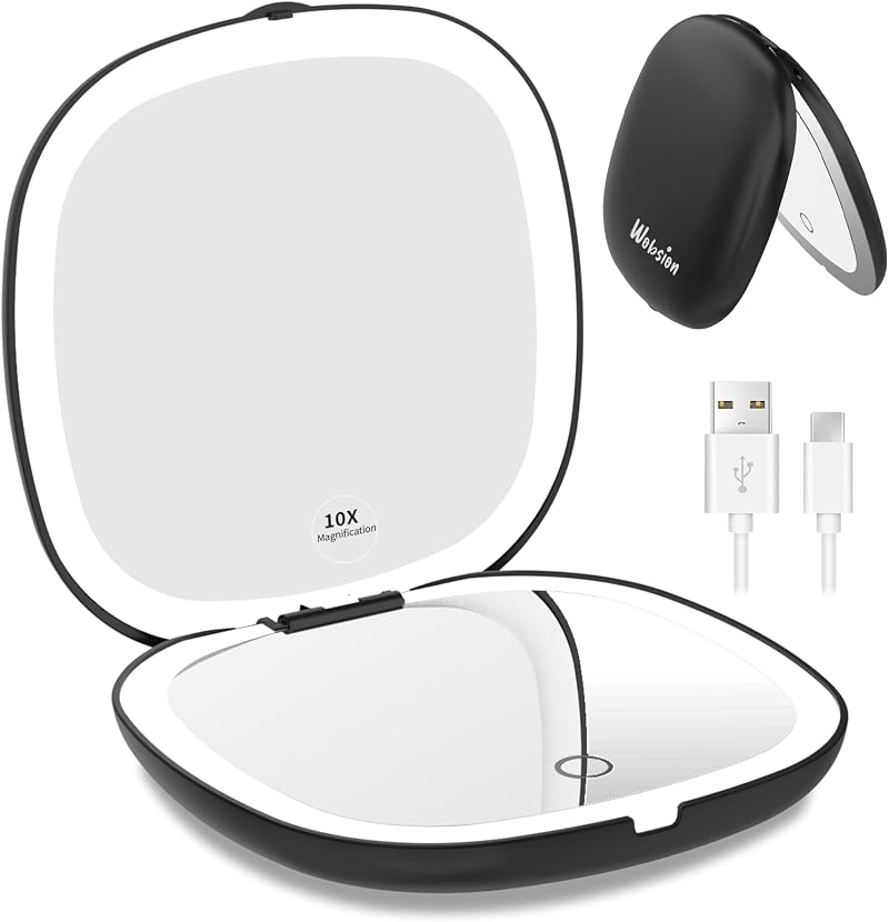 WOBSION Travel Mirror with Light 1X 10X Magnifying LED Compact 10cm Black