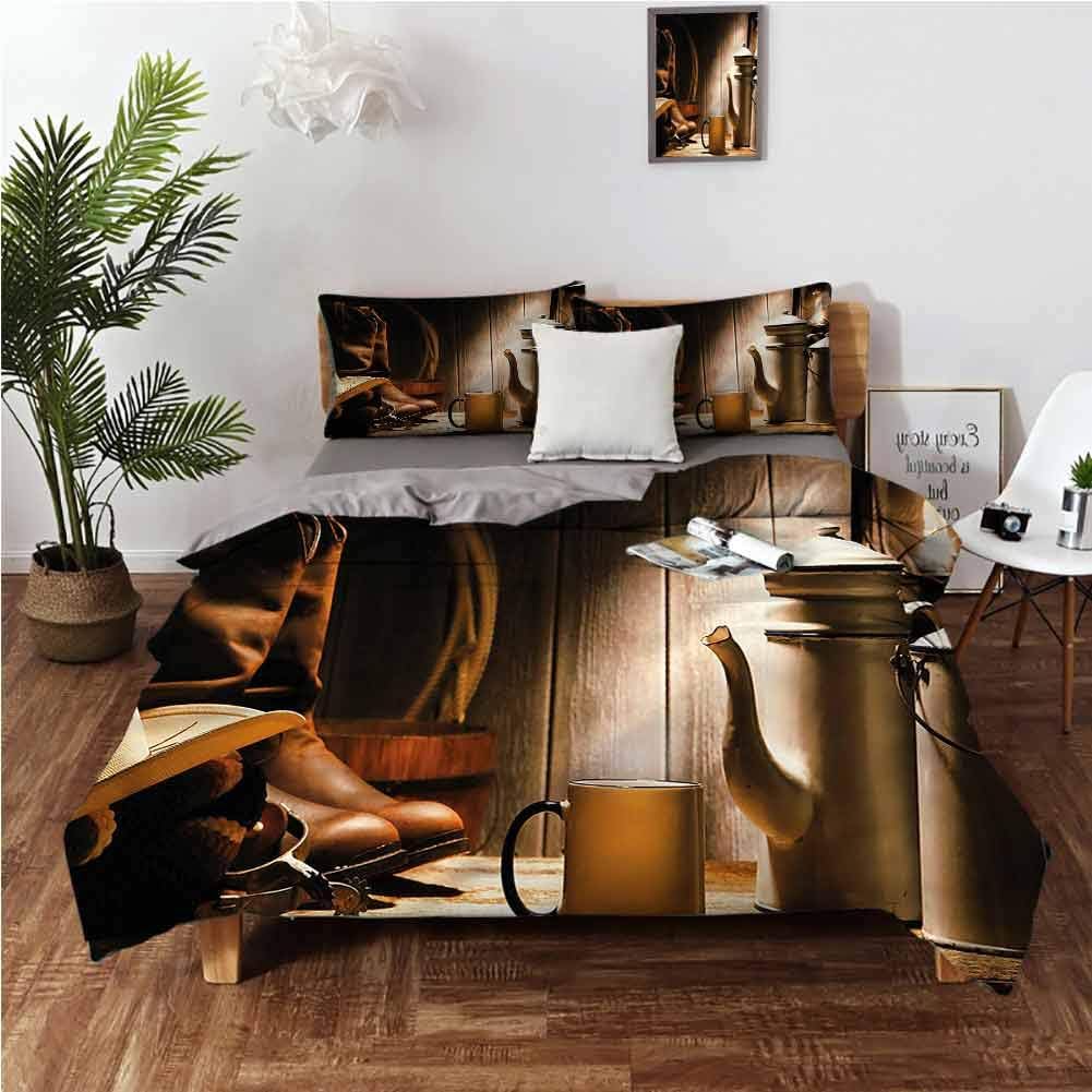 Anyangeight Washed Duvet Cover Set, Western Hat with Rancher Boots 1Comforter Cover and 2 Pillow Shams Brushed Microfiber Bedding - Queen 90"x90"
