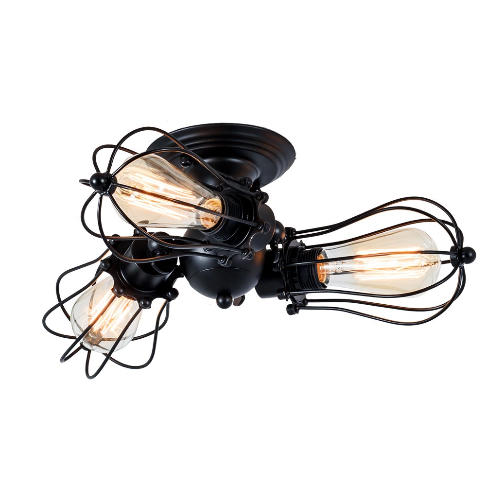 Vintage Ceiling Lights Adjustable Socket Industrial Chandeliers Metal Wire Cage Lamp Semi-Flush Mount Rustic Ceiling Indoor Home Retro Lighting Fixture 3-Light(Bulbs Not Included) (Modern Black) — image 1