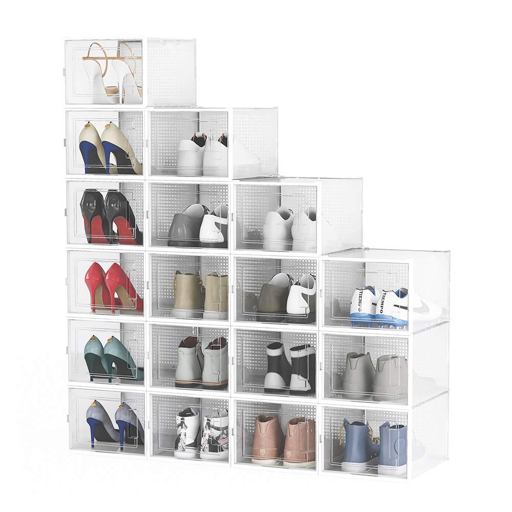 Pellebant Shoe Boxes Clear Plastic Stackable,18 Pack Shoe Storage Boxes Fit up to US Size 14,X-large/White