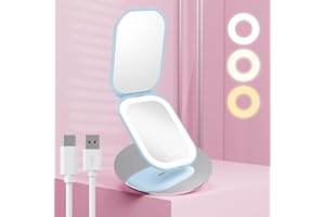 Benbilry Compact Mirror with 3 Color LED Lights, Rechargeable & 360° Light Strip & Memory Function, 1X/3X Travel Mirror, Ultra Slim Pocket Mirror, Small Lighted Compact Makeup Mirror for Purse, Blue