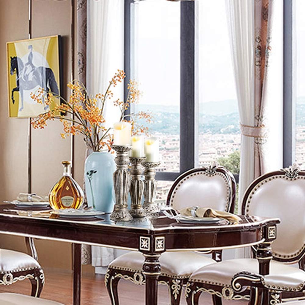 JIXIN Antique Wash Finish Pillar Candle Holders Set of 3, Ideal for LED and Pillar Candles, Gifts for Home, Living Room, Dinning Room, Party,Kitchen,Spa, Wedding and Anniversary: Home & Kitchen