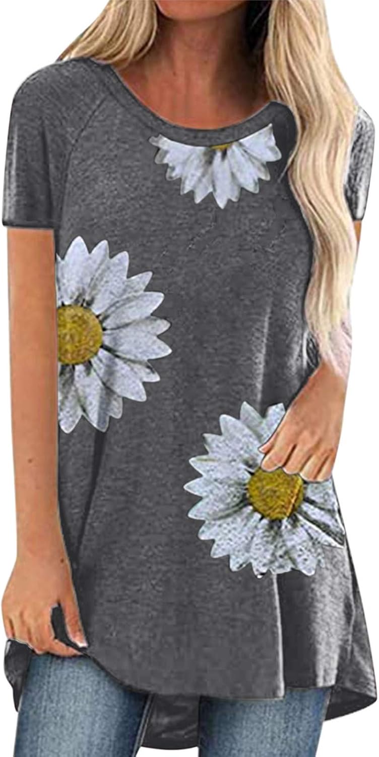 Women's Sunflower Tunics, Short Sleeve ONeck Casual T