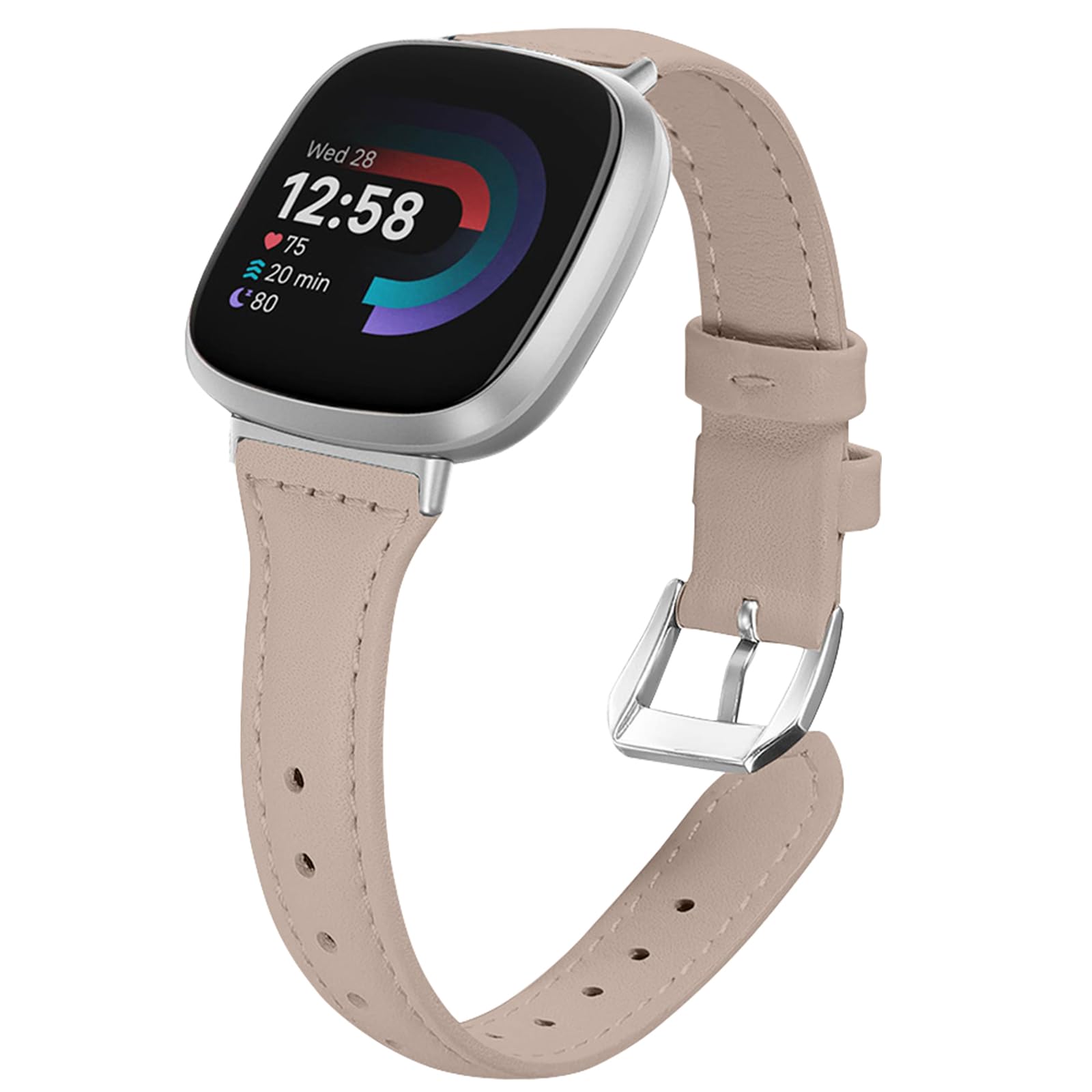 WoPail Leather Strap for Fitbit Versa 4/Versa 3, Women Slim No Gap Genuine Leather Strap with Stainless Steel Buckle Replacement Band breathable for Fitbit Sense 2/Sense 1 - Apricot