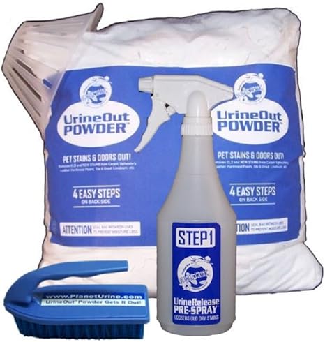 Amazon Com Planet Urine Pet Odor Eliminator System Dog And Cat Urine Remover 24 Oz Urinerelease Prespray 8 Lb Urineout Powder With Scrubbing Brush And Blacklight Pet Supplies