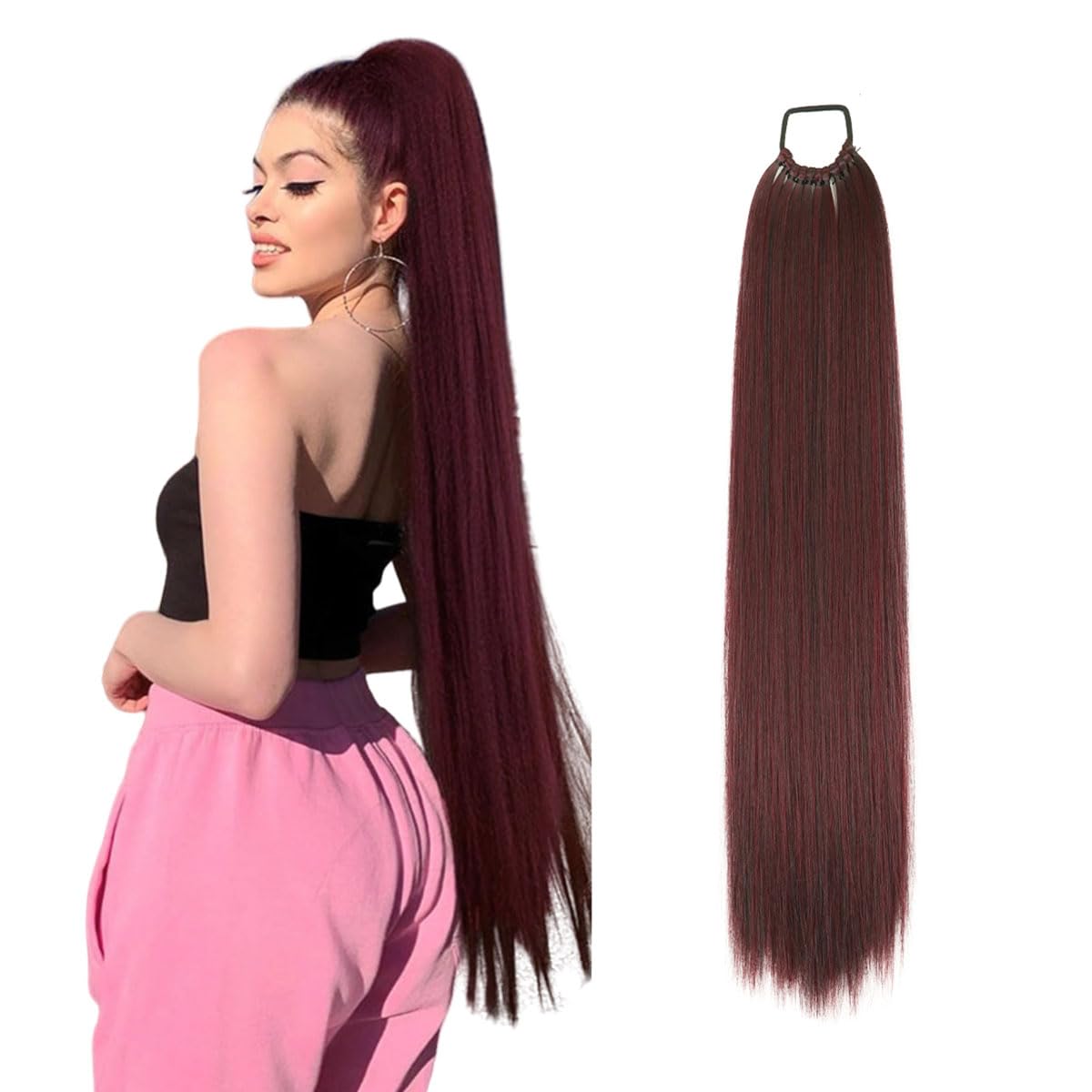 prinfantasy Hair Scrunchies for Women Hair Ponytail Straight Wrap Around Hair Extensions Pony Tail Hair Pieces for Women Dark Red Wine Long Hair Extension 24 Inches,GBMW287