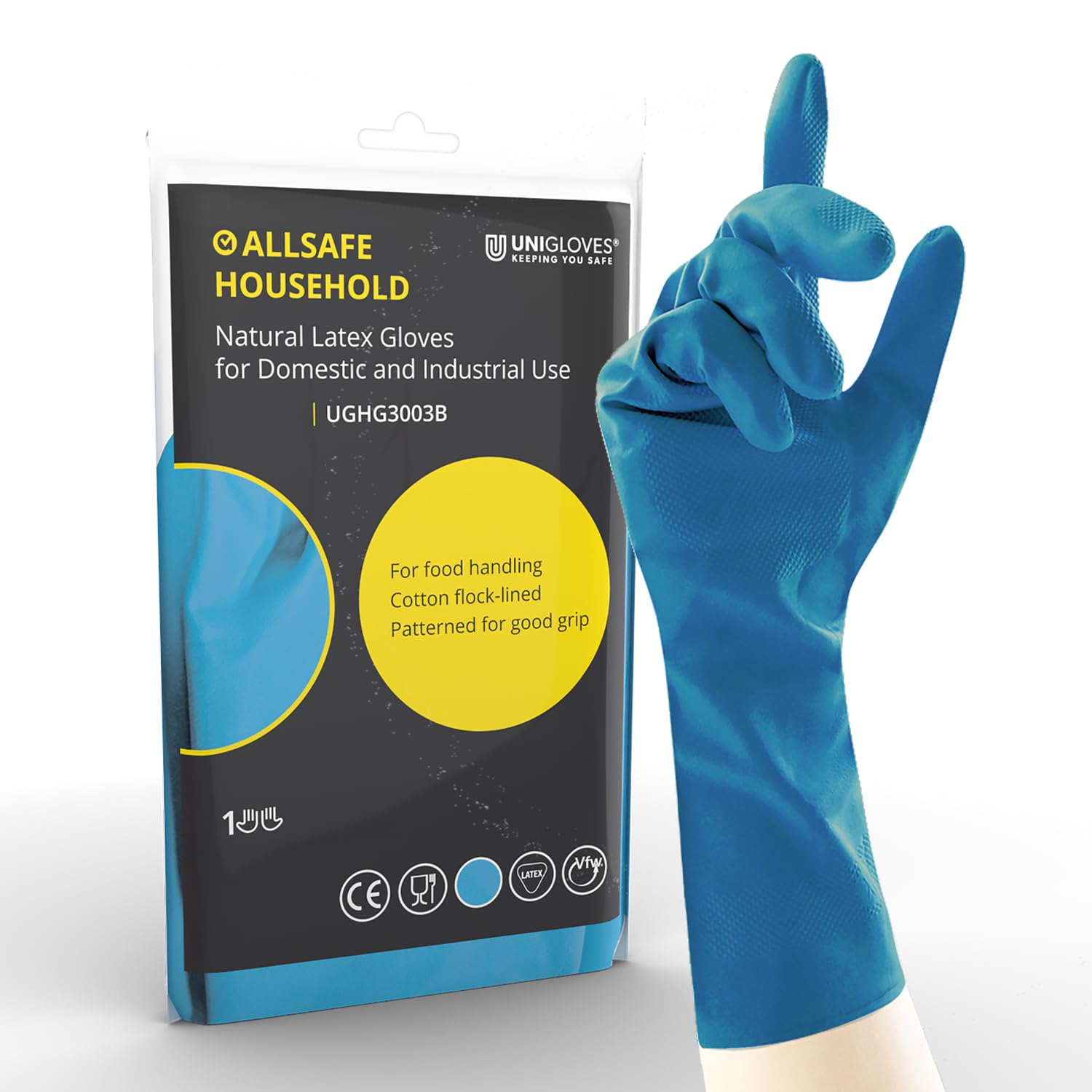 Unigloves Unicare UGHG3002B Household Gloves - Powder Free, Reusable Latex Gloves, 1 Pair, Blue, Small