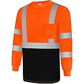 Uno Mejor Work Shirts for Men Construction Class 3 High Visibility Shirts, Hi Vis Reflective Safety T-Shirts for Men Women, Long Sleeve Work Shirts with Black Bottom, Durable to Use, Orange XL