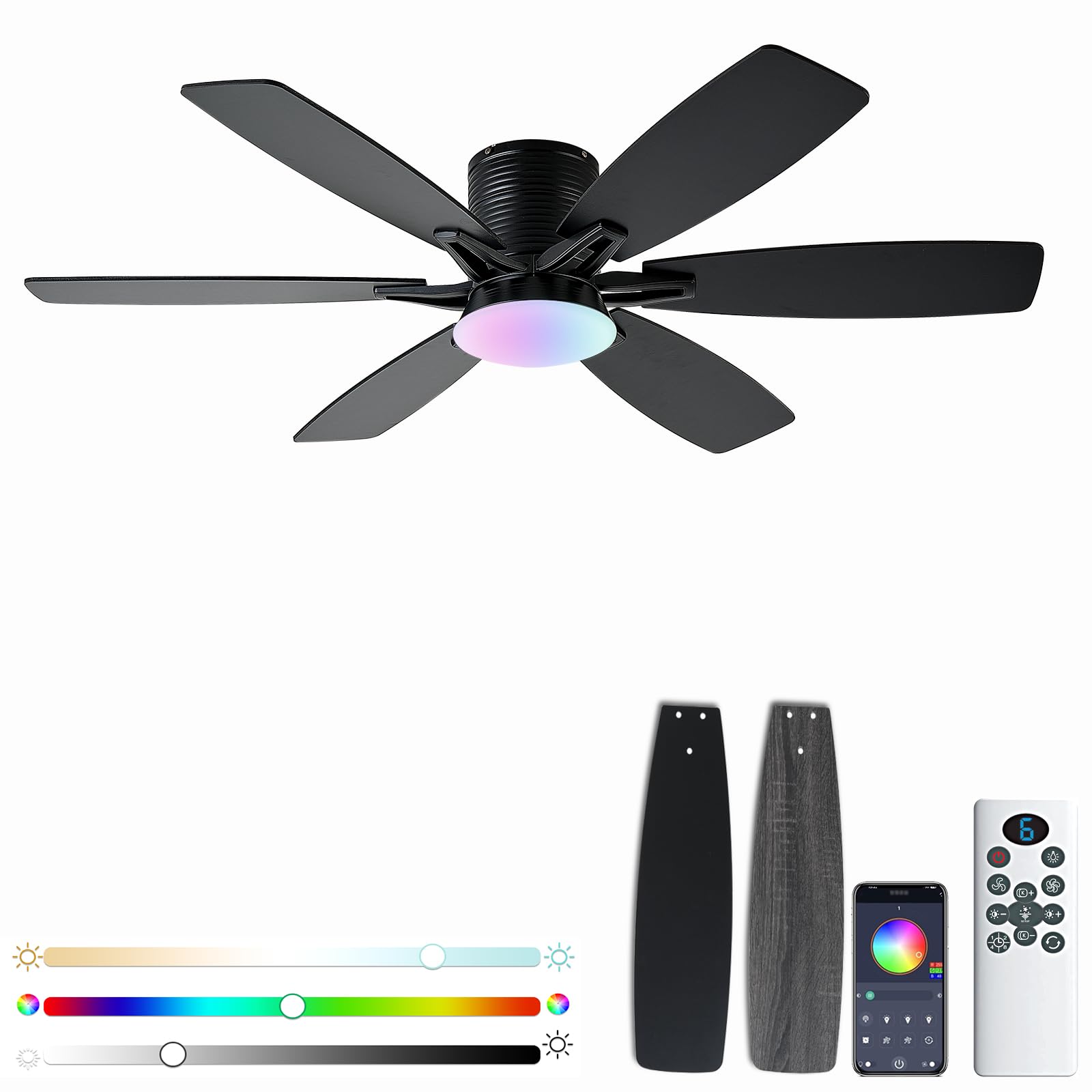 Photo 1 of ***PARTIAL SET - PRICE ADJUSTED***
52inch Black Ceiling Fans with Lights and Remote/App Control, Low Profile Ceiling Fan with Light and 6 Double-Side blades, Flush Mount, LED/RGB Dimmable DC Reversible Modern Ceiling Fan for Bedroom