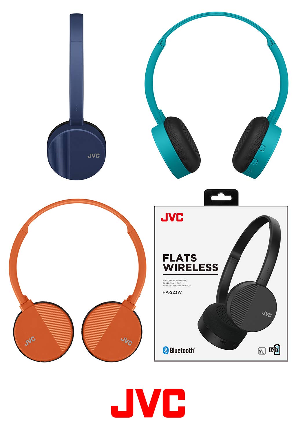 JVC HA-S23W Wireless Headphones - On Ear Bluetooth Headphones, Foldable Flat Design, 17-Hour Long Battery Life (Blue)