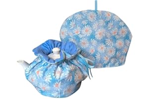 JOONOR 2 Pcs Tea Cosy - Retro Floral Cotton Printed Tea Cosy, Kitchen Tea Pot Dust Cover, Breakfast Warmer, Insulation and Keep Warm, Blue2