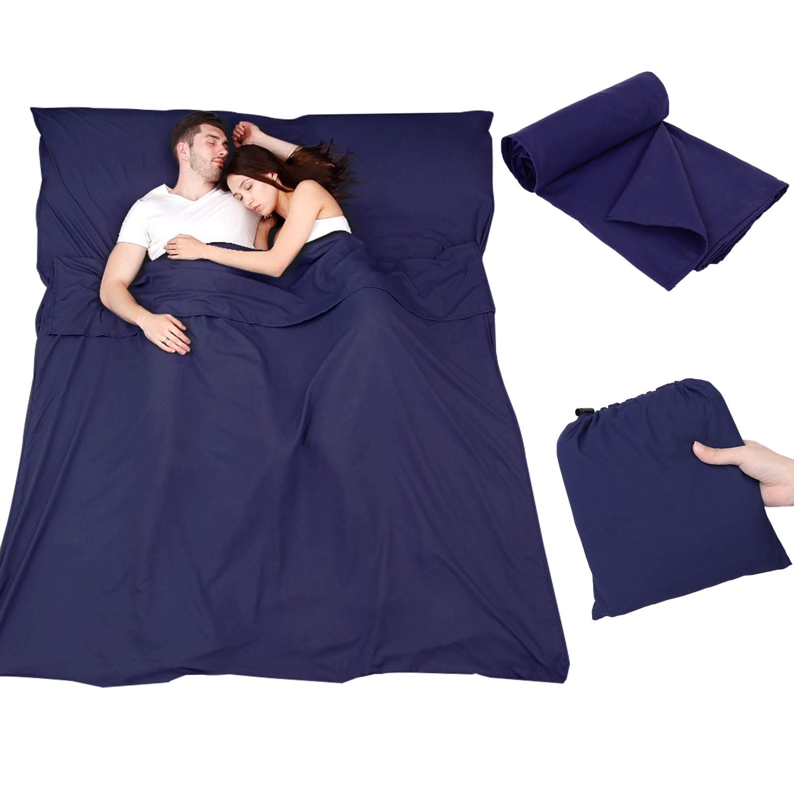 Plliocse Sleeping Bag Liner Travel Sheet Sleeping Bag, Double Size 160 x 210 cm Sleeping Bags Liners with Pillow Pockets for Adults, Travel, Hotels, Business Trip, Camping (Navy Blue, 160cm x 210 cm)