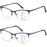 Multifocal Reading Glasses Women Progressive Multifocus Blue Light Computer Reader Cat Eye Metal Half Frame No Line Eyeglass