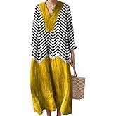 Akivide Women's V Neck Boho Floral Linen Maxi Dress Casual Plus Size Long Sleeve Beach Vacation Tunic Dresses with Pockets