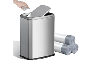 KHMMGK 8L/2.1 Gal Small Bathroom Trash Can with Lid, Swing-Top Rectangular Waste Bin, Stainless Steel Garbage Can for Home, Office, Toilet, Bedroom, Living Room (Silver)