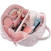 Amposei Makeup Bag Travel Toiletry Bag,Travel Makeup Bag for Women, Puffer Waterproof Cosmetic Organizer, Large Capacity Pouch Open Flat Small Toiletry Bag with Brush Compartment & Handle (Pink)