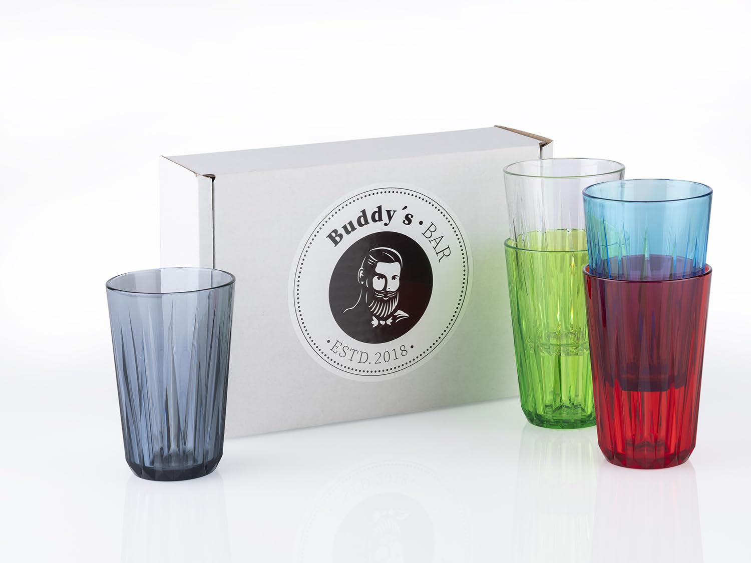 Buddy´s Bar - Set of 6, 0.3 Litre Tritan Plastic Drinking Glasses, BPA Free, Crystal Glass Look, Shatter-Proof Reusable Glasses, Dishwasher Safe, 300 ml, Colourful