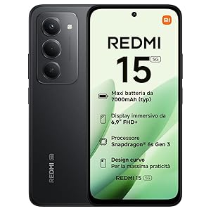 XIAOMI Redmi 15 5G, Smartphone 8+256GB, Display FHD+ da 6,9″ 144Hz, Snapdragon® 6s Gen 3, Camera principale da 50MP, 7000mAh, Garanzia di 2 anni, Nero, Caricabatterie non incluso