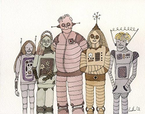 Family Portrait as Robots. Custom, original, made-to-order drawing/watercolor painting.