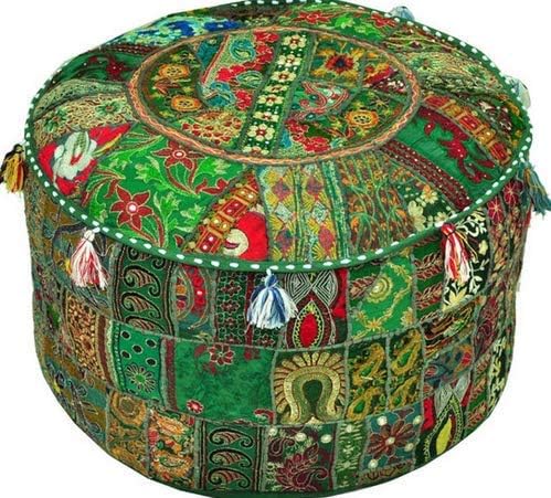 ROYAL RAJASTHAN TEXTILE Rajasthani Jaipuri Handcrafted Handmade Cotton Patchwork Embroidered Ottoman Stool Pouf Cover (18X18X12, Green)