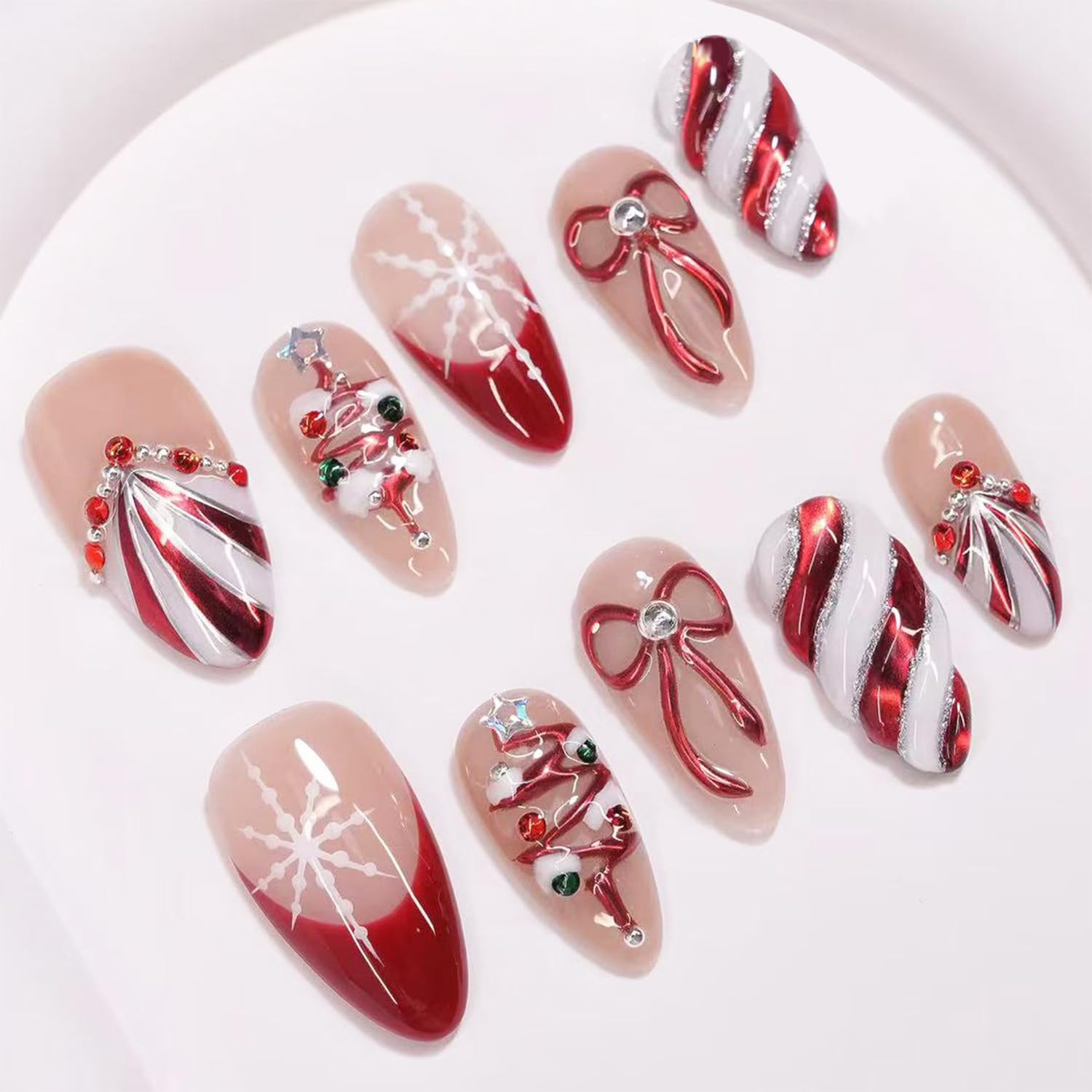 View 1 of 30pcs Christmas Press on Nails Medium Almond Fake Nails with 3D Christmas Tree Bow Stripe French Tip Pearl Rhinestones Design Winter White Snowflakes False Nail Xmas Full Cover Glue on Nails for Women