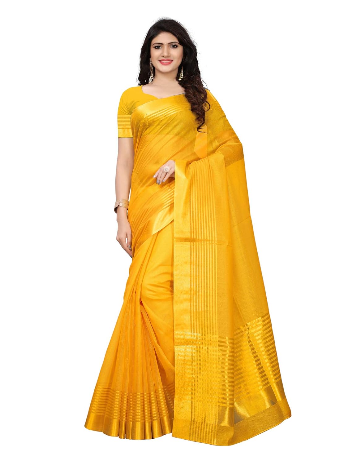 kanchnar women's cotton silk gold stripes kota doria saree with unstitched blouse