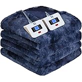 Sealy Electric Heated Blanket Queen Size, Faux Fur & Flannel Fast Heating Blanket with 10 Heat Setting & 1-12 Hour Auto Shut Off, Machine Washable, Navy Blue, 84 x 90 Inch
