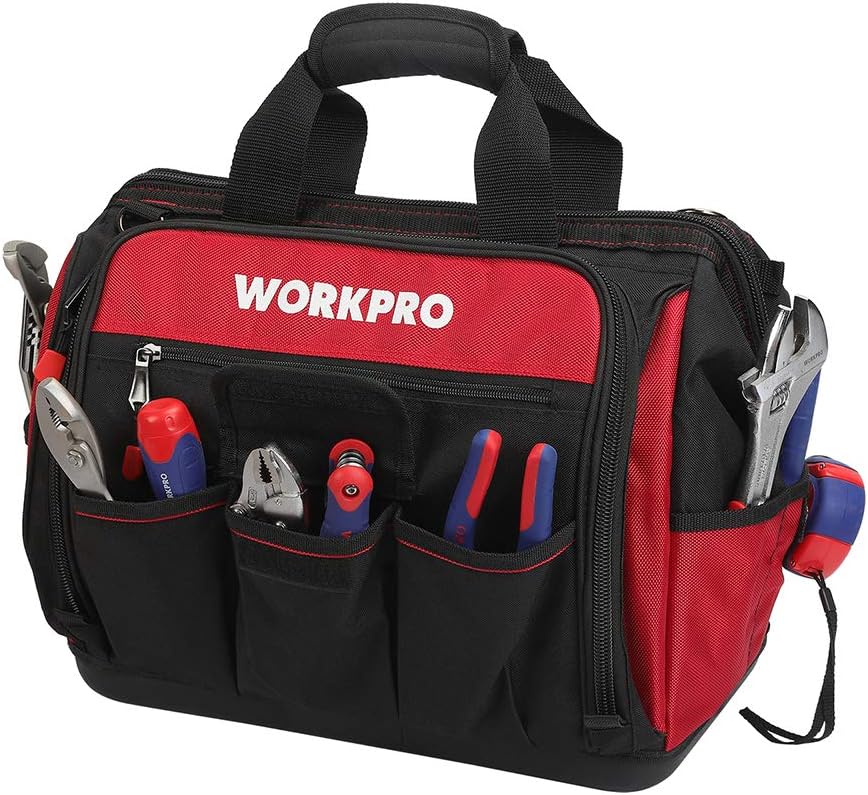 WORKPRO 16" Top Wide Mouth Tool Bag with Water Proof Rubber Base, Multi-Compartment, 46 Pockets, For Tool Organizer & Storage, W081122A - - 