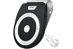 NETVIP in Car Speakerphone, Bluetooth 5.0 Hands-Free Kit for Cell Phone, Support Siri Google Voice Assistant&Motion Auto On Off, Music Player with Visor Clip and Car Charger, Connects to 2 Phones