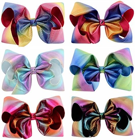WarmGo 8 Inches Hair Bows with Alligator Clips for Girls,Colorful Bling Big Grosgrain Boutique Bow Hairpin Hair Clips For Teens Kids Toddlers (Set of 6)