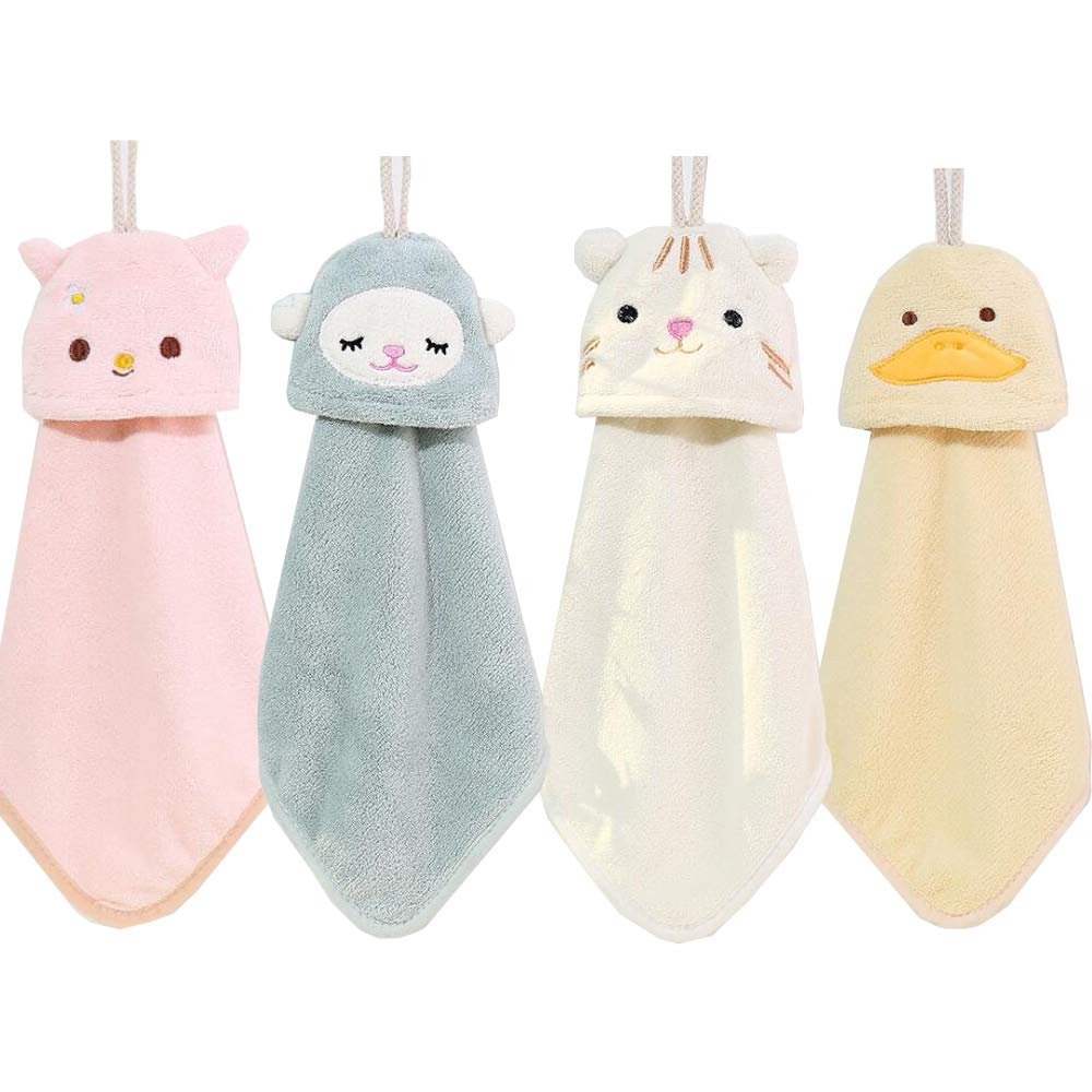 Eyands 4 Pack Cute Animals Hand Towel - Hanging Hand Dry Towel for Kitchen and Bathroom, Soft Dish Wipe Cloth, Microfiber Coral Velvet Cute Hand Towel