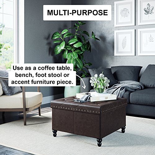 Nathan James 73303 Fodable Storage Ottoman Leather Square Seat, Brown