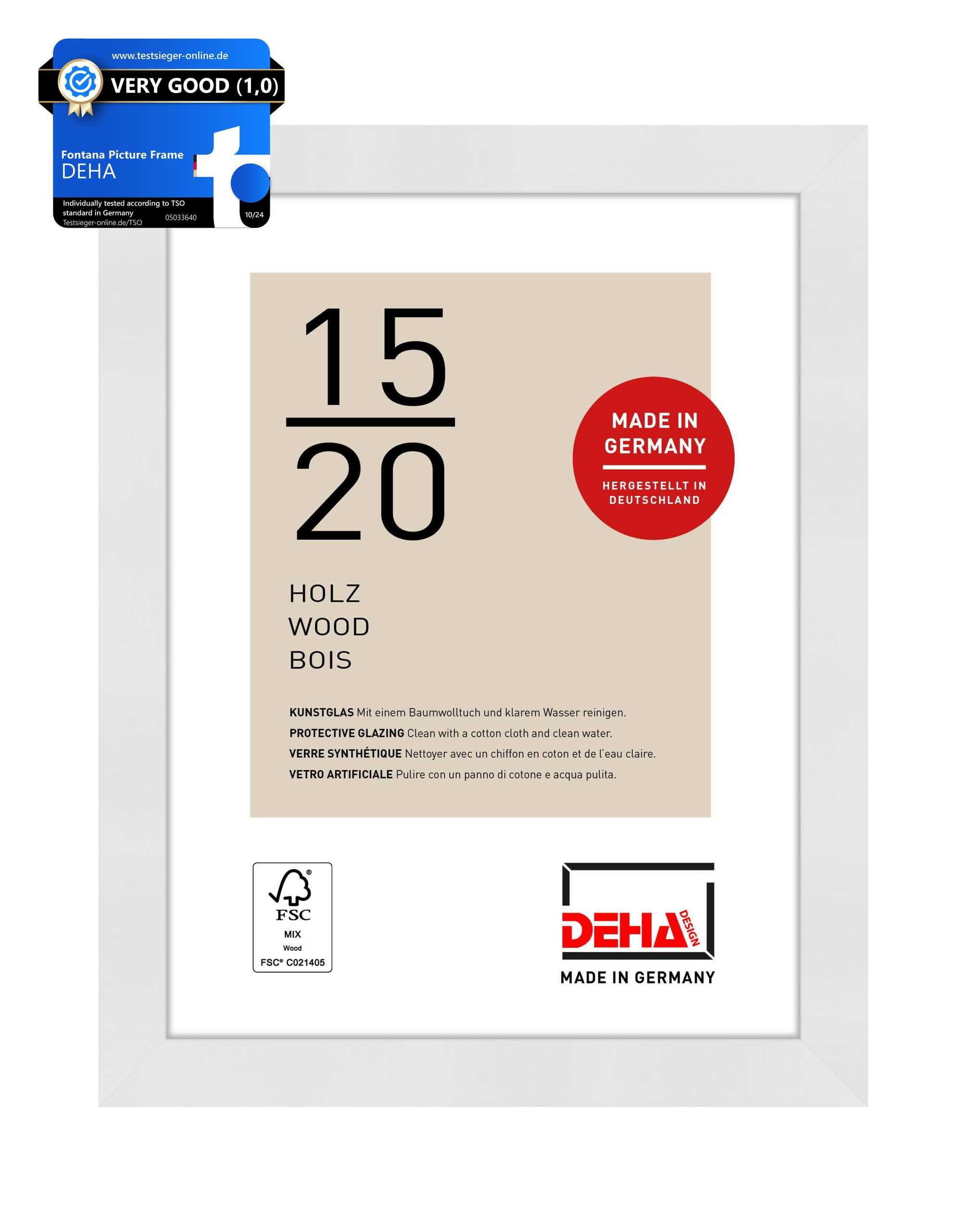 DEHA Design Fontana Wooden Picture Frame - 15x20 cm (6x8 in) – White - with Synthetic Glass and Push/Turn Clips