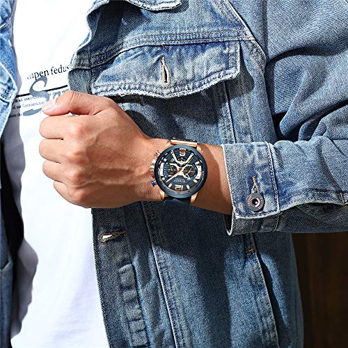 Reloj de pulsera casual deportivo para hombre, de piel, estilo militar, con cronógrafo, color azul - Imagen 3