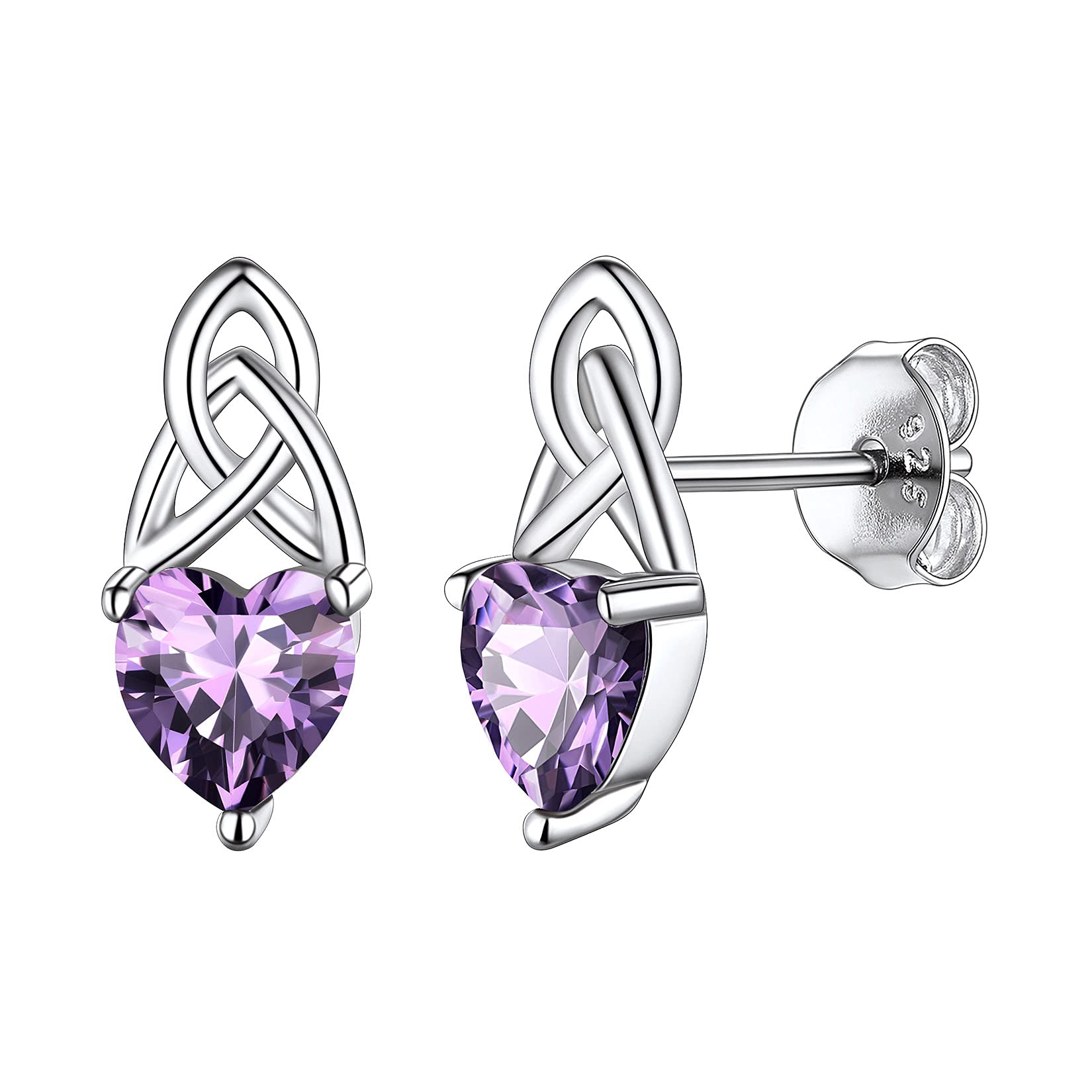 925 Sterling Silver Dainty Small Hypoallergenic Triquetra Celtic Knot Heart Shaped Simulated Purple Amethyst February Birthstone Stud Earrings Irish Jewelry for Women Girls