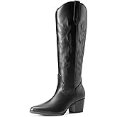DREAM PAIRS Cowboy Boots for Women Cowgirl Knee High Boots Comfortable Pull On Zipper Chunky Heel Pointed Toe Embroidered Western Boots