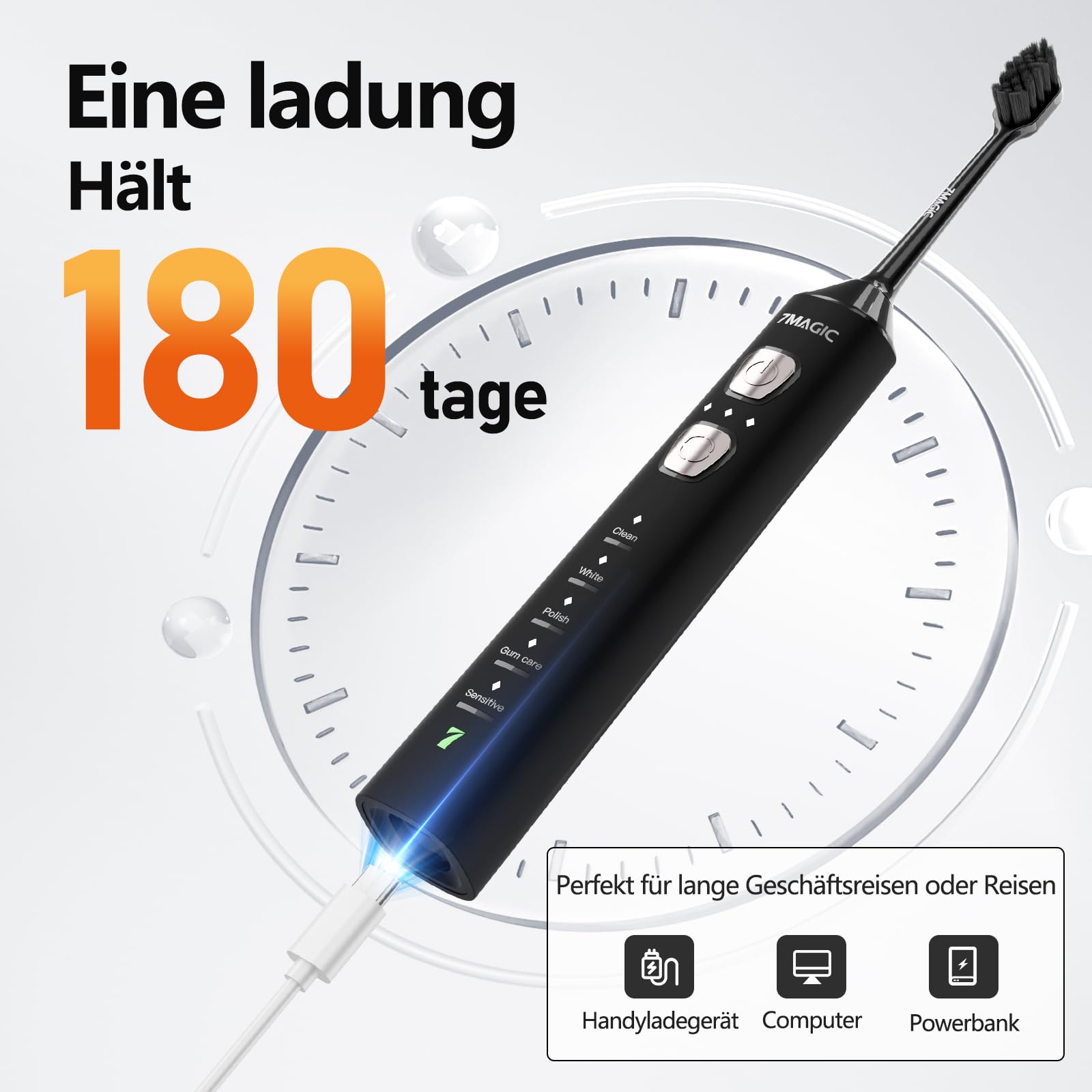 Elektrische Zahnbürste, Schallzahnbürste, Leise Zahnbürste Elektrisch Mit 3 Intensitäten 5 Modi, 40000VPM, IPX7, Zahnbürste Mit 180 Tagen Akkulaufzeit Und Timer, Ritter Schwarz 5