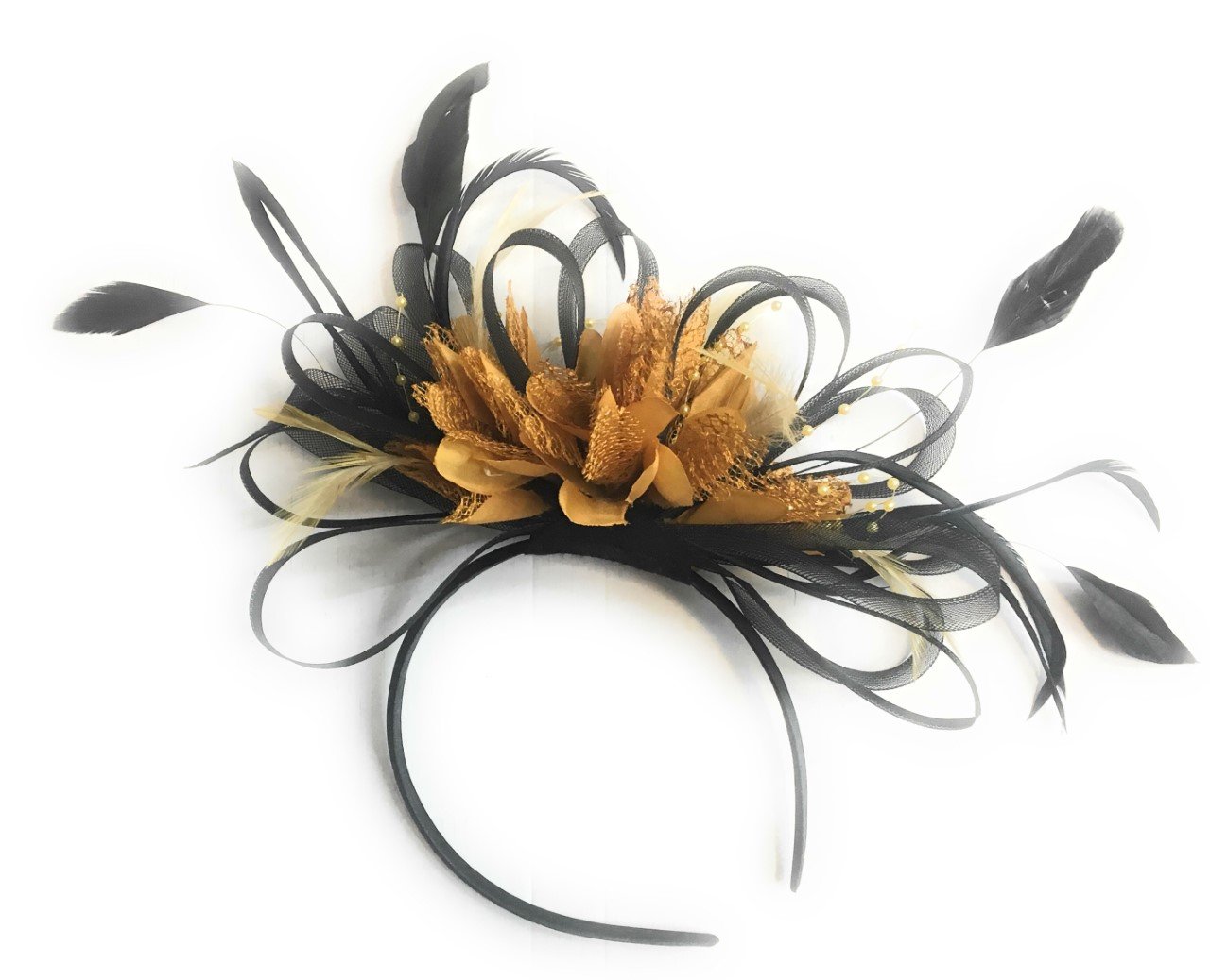 Caprilite Black & Mustard Yellow Fascinator on Headband AliceBand UK Wedding Ascot Races Loop